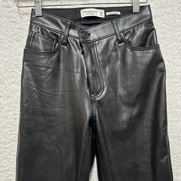 Abercrombie & Fitch Criss Cross 90s Straight High Rise Vegan Leather Black Pants - Picture 4 of 13